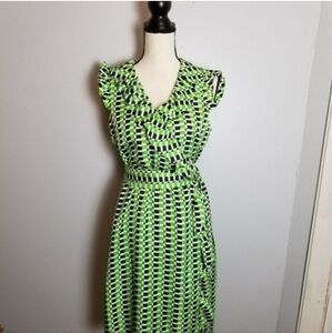 Kate Spade Green, White & Black Silk Wrap Dress